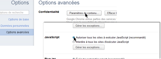 Activer JavaScript sur Chrome